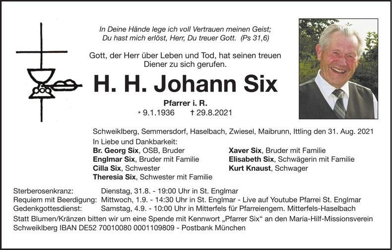 Traueranzeige Johann Six