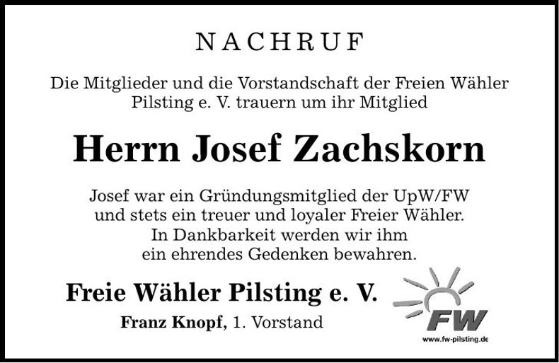 Traueranzeige Josef Zachskorn