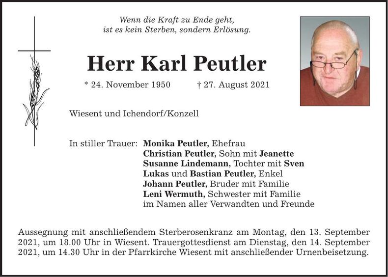 Traueranzeige Karl Peutler