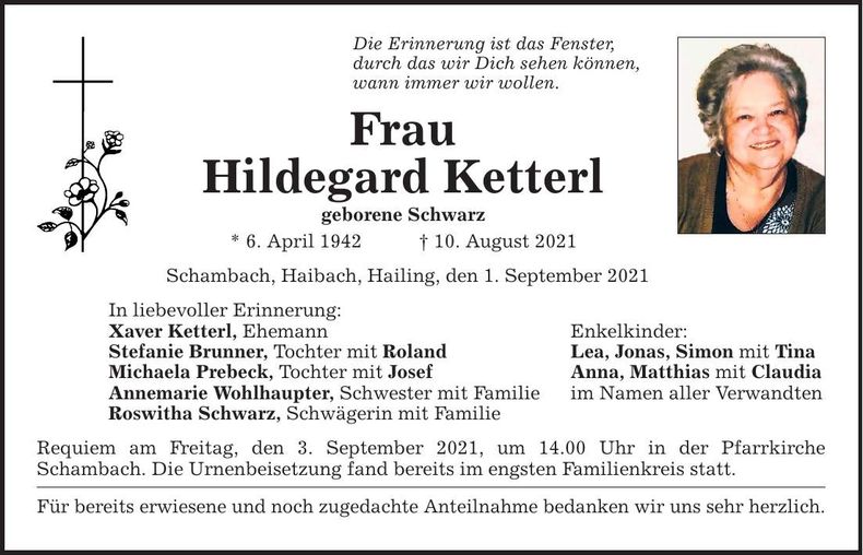 Traueranzeige Hildegard Ketterl