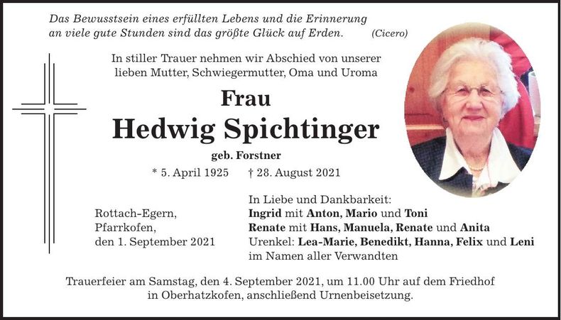 Traueranzeige Hedwig Spichtinger