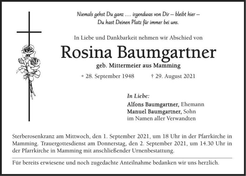 Traueranzeige Rosina Baumgartner