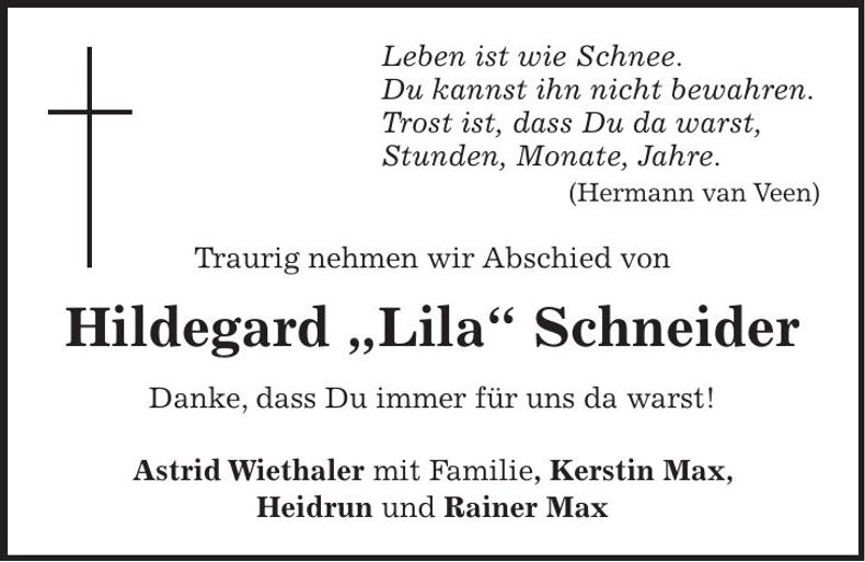Traueranzeige Hildegard Schneider