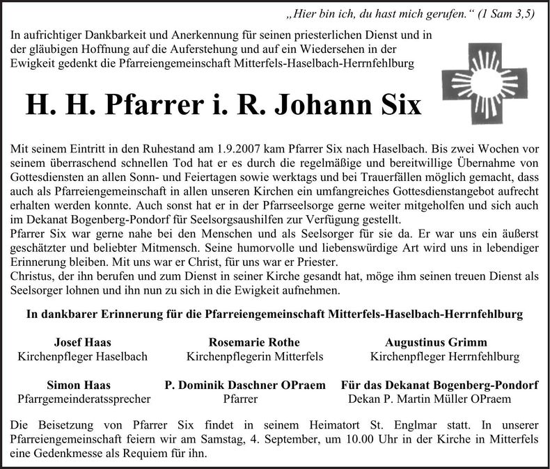 Traueranzeige H. H. Pfarrer Johann Six