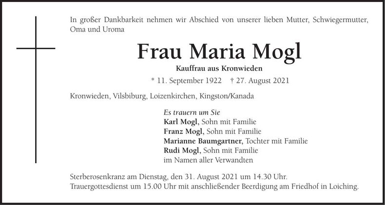 Traueranzeige Maria Mogl