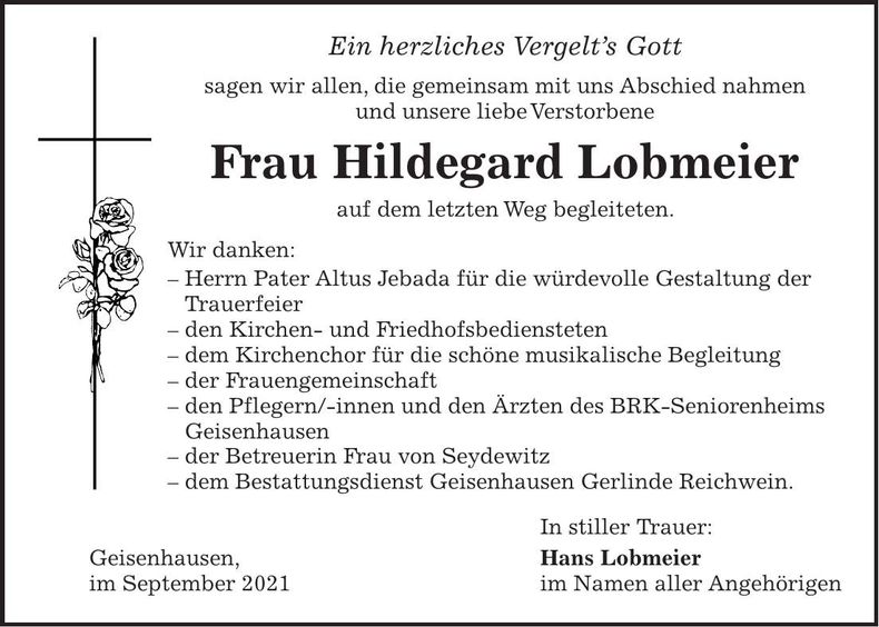 Traueranzeige Hildegard Lobmeier