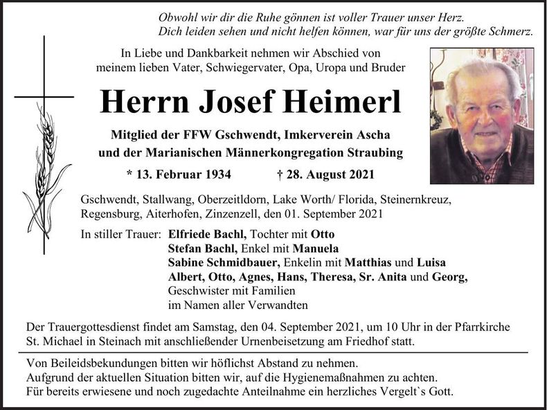 Traueranzeige Josef Heimerl
