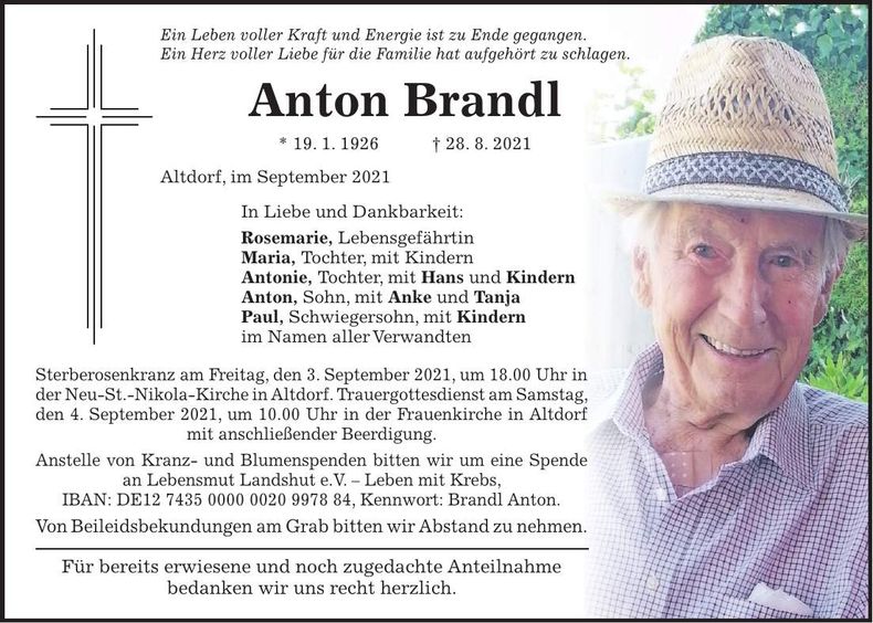 Traueranzeige Anton Brandl