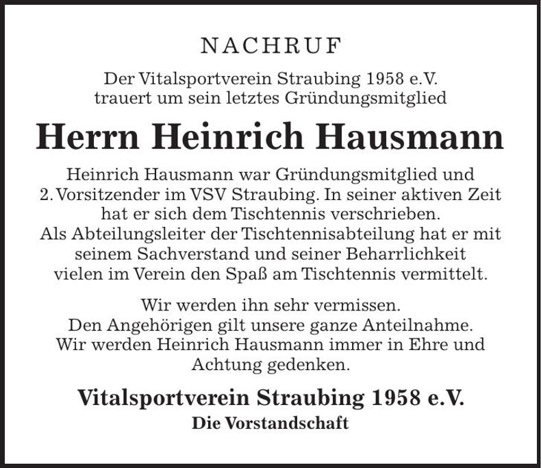 Traueranzeige Heinrich Hausmann
