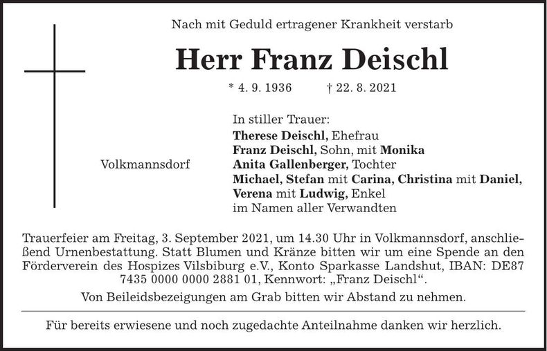Traueranzeige Franz Deischl