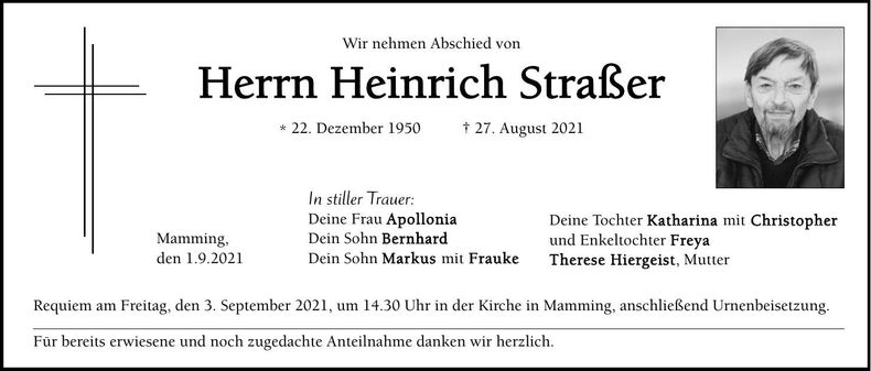 Traueranzeige Heinrich Straßer