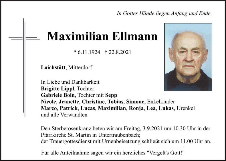 Traueranzeige Maximilian Ellmann