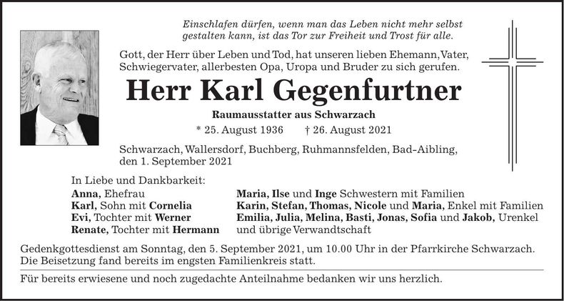 Traueranzeige Karl Gegenfurtner