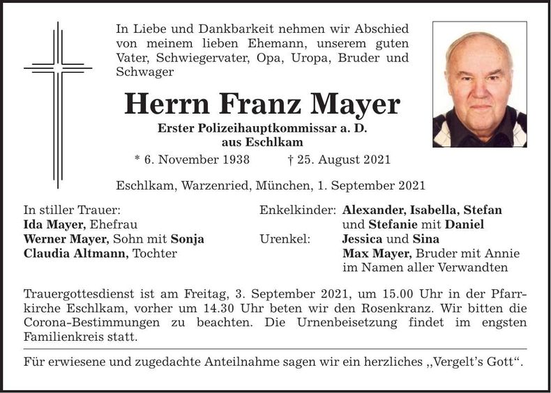 Traueranzeige Franz Mayer
