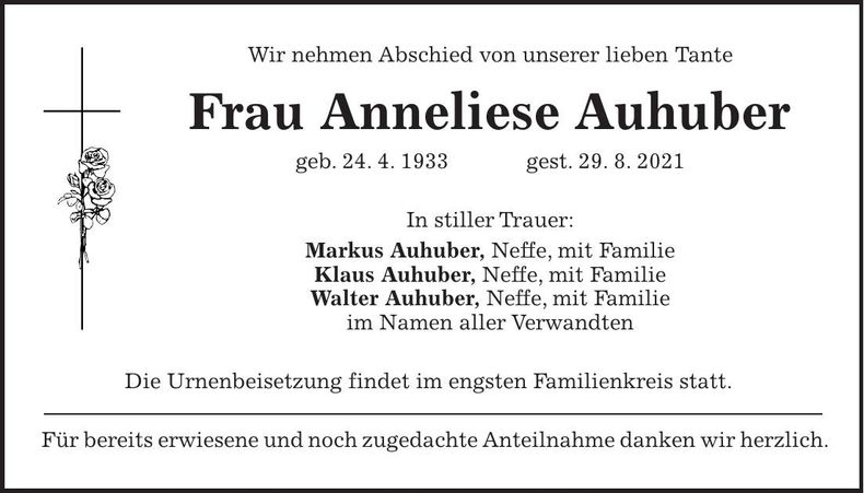 Traueranzeige Anneliese Auhuber