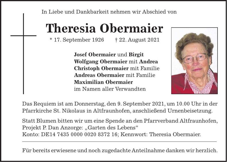 Traueranzeige Theresia Obermaier