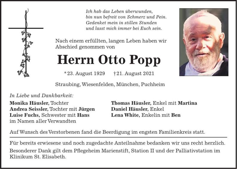 Traueranzeige Otto Popp