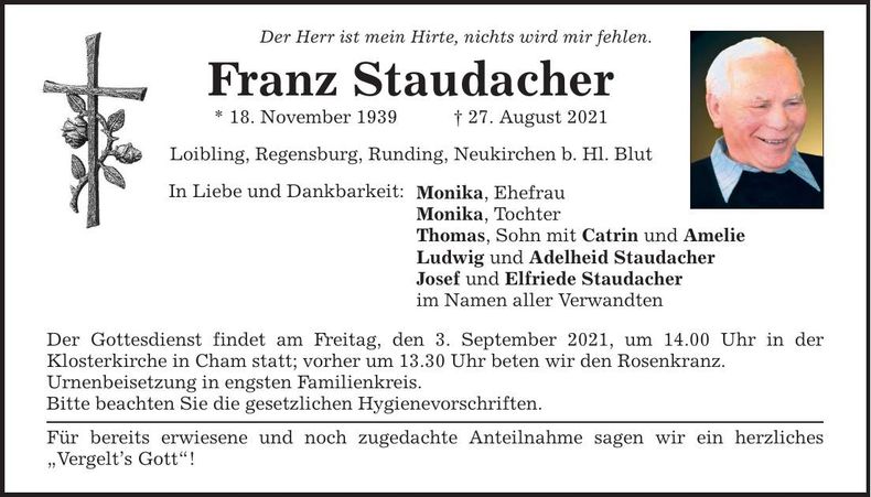 Traueranzeige Franz Staudacher