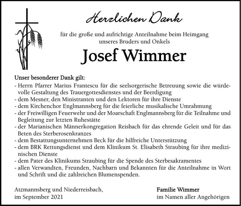 Traueranzeige Josef Wimmer