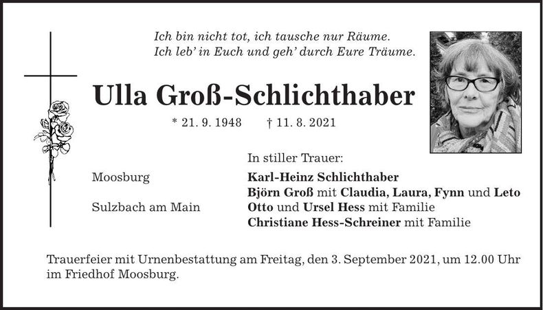 Traueranzeige Ulla Groß-Schlichthaber