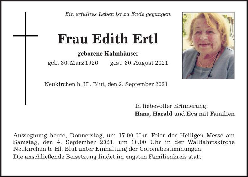 Traueranzeige Edith Ertl
