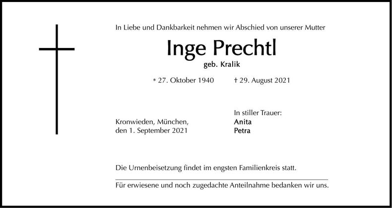 Traueranzeige Inge Prechtl
