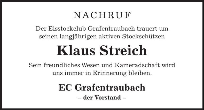 Traueranzeige Klaus Streich