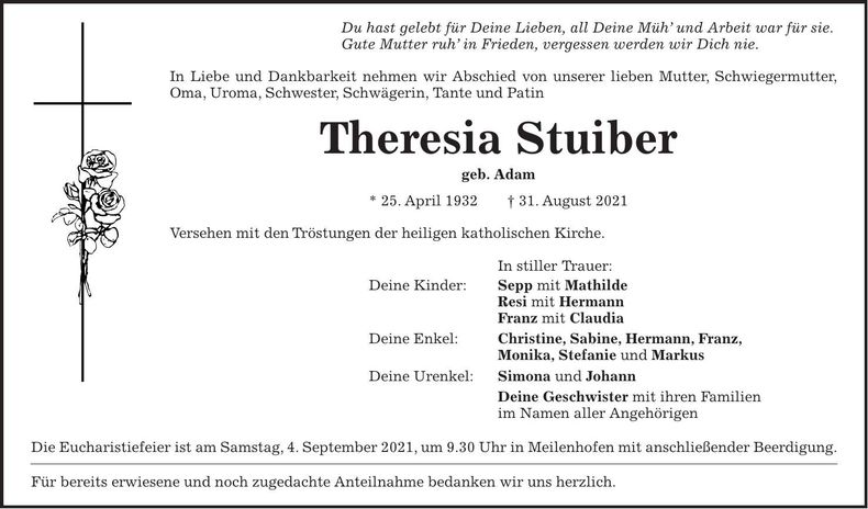 Traueranzeige Theresia Stuiber