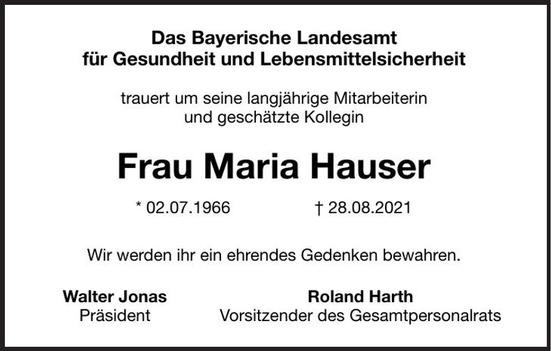 Traueranzeige Maria Hauser