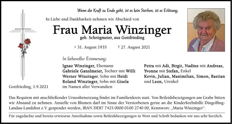 Traueranzeige Maria Winzinger