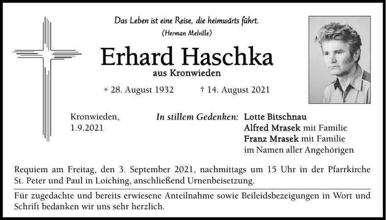Traueranzeige Erhard Haschka
