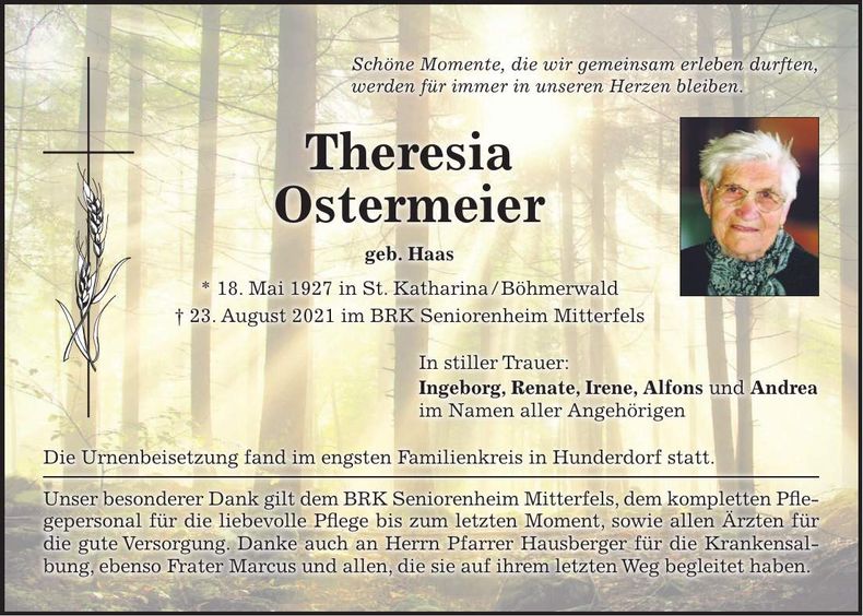 Traueranzeige Theresia Ostermeier