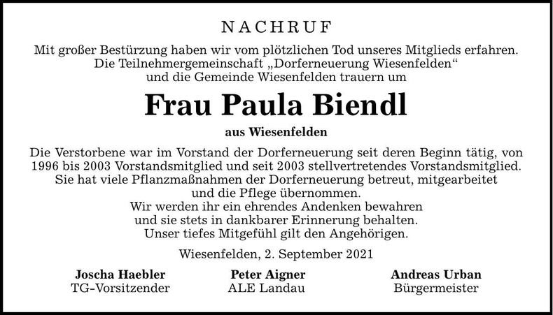 Traueranzeige Paula Biendl