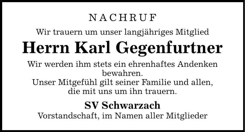 Traueranzeige Karl Gegenfurtner