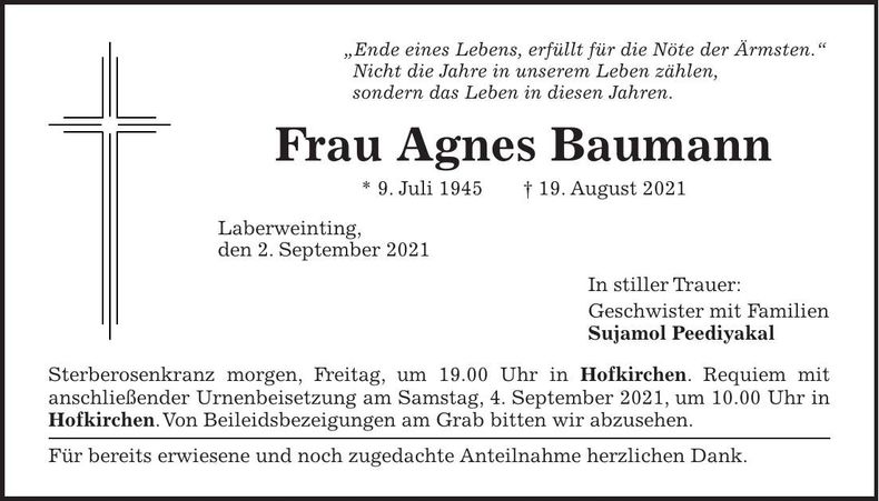 Traueranzeige Agnes Baumann