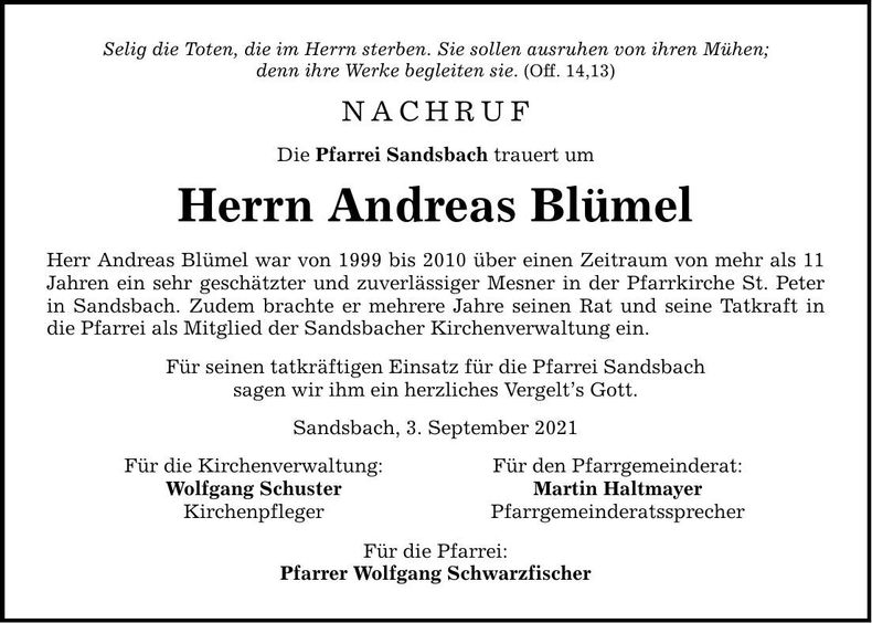 Traueranzeige Andreas Blümel