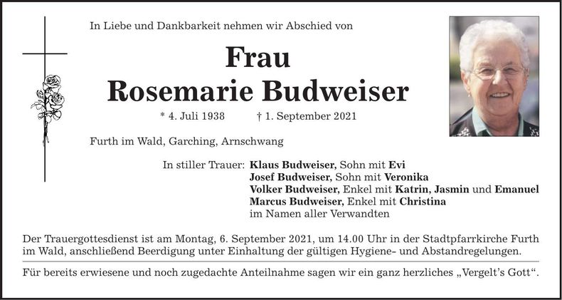 Traueranzeige Rosemarie Budweiser