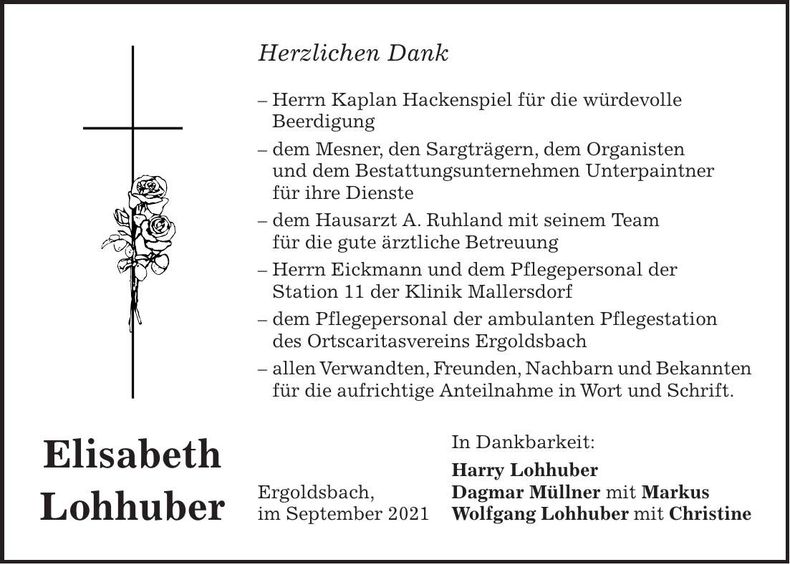 Traueranzeige Elisabeth Lohhuber