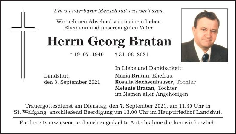 Traueranzeige Georg Bratan