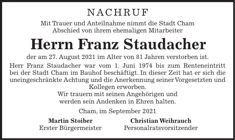 Traueranzeige Franz Staudacher