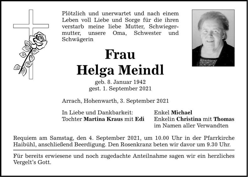 Traueranzeige Helga Meindl