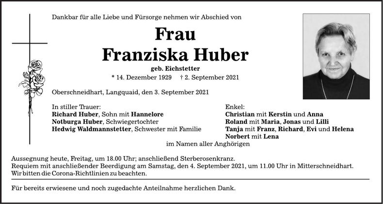 Traueranzeige Franziska Huber