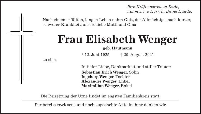 Traueranzeige Elisabeth Wenger
