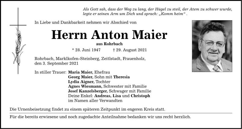 Traueranzeige Anton Maier