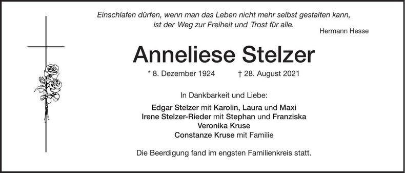 Traueranzeige Anneliese Stelzer