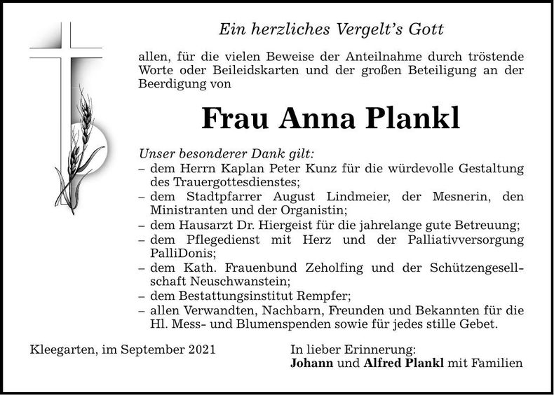 Traueranzeige Anna Plankl
