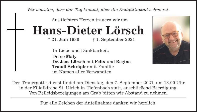 Traueranzeige Hans-Dieter Lörsch