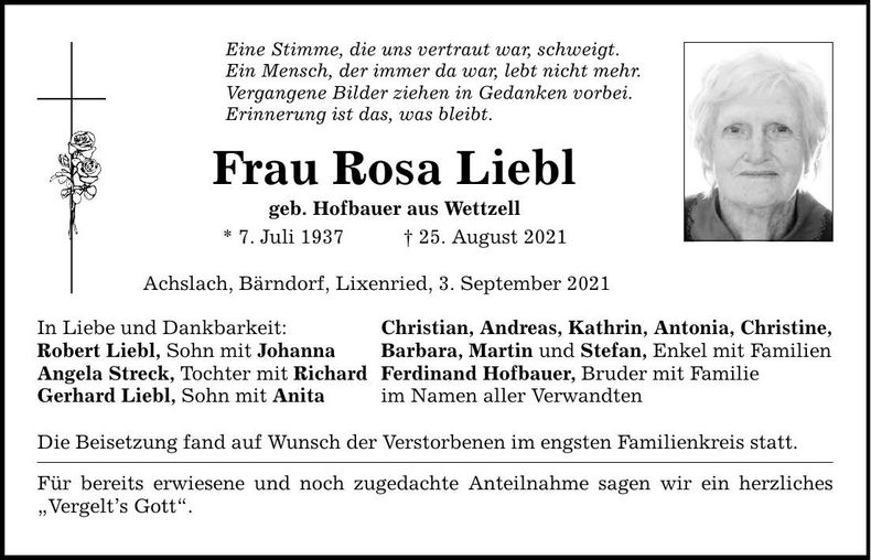 Traueranzeige Rosa Liebl
