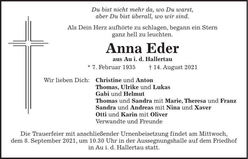 Traueranzeige Anna Eder