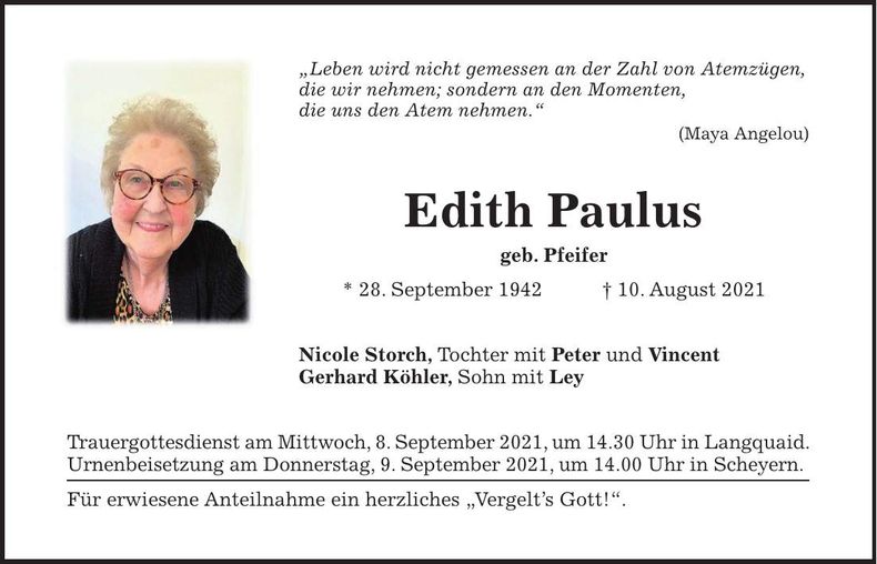 Traueranzeige Edith Paulus